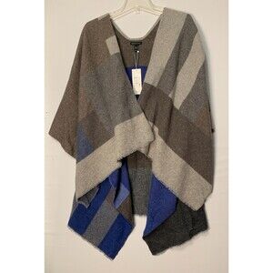 Eileen Fisher Color Block Jacquard Wool Nylon Wrap Italy Boho Royal Poncho NWT